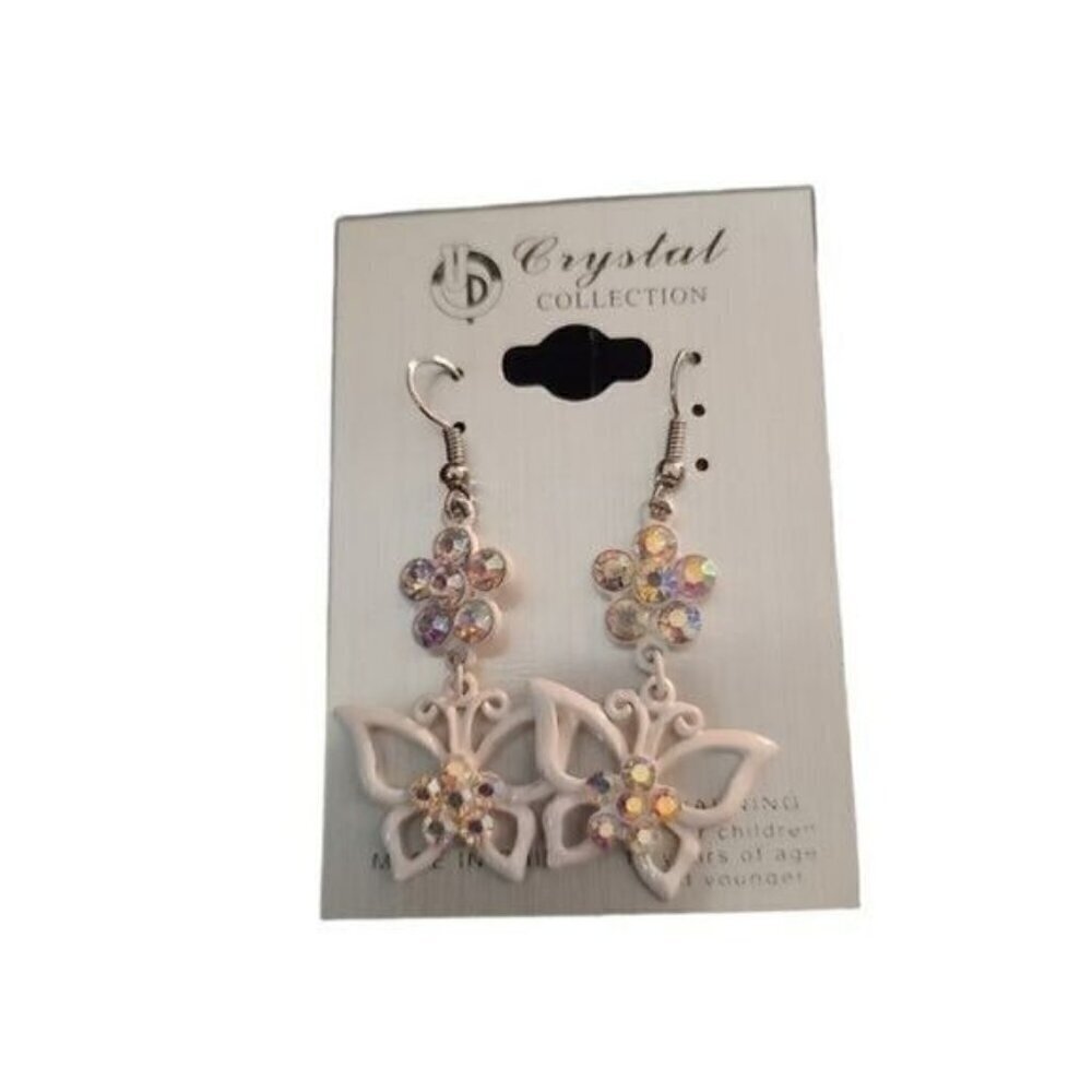 NWT Y2K Crystal White Butterfly Dangly Drop Earrings Pierced Ears